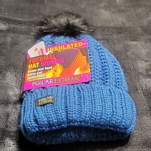 Sky Blue Knitted Winter Hat with Pom-pom and Ribbed Texture